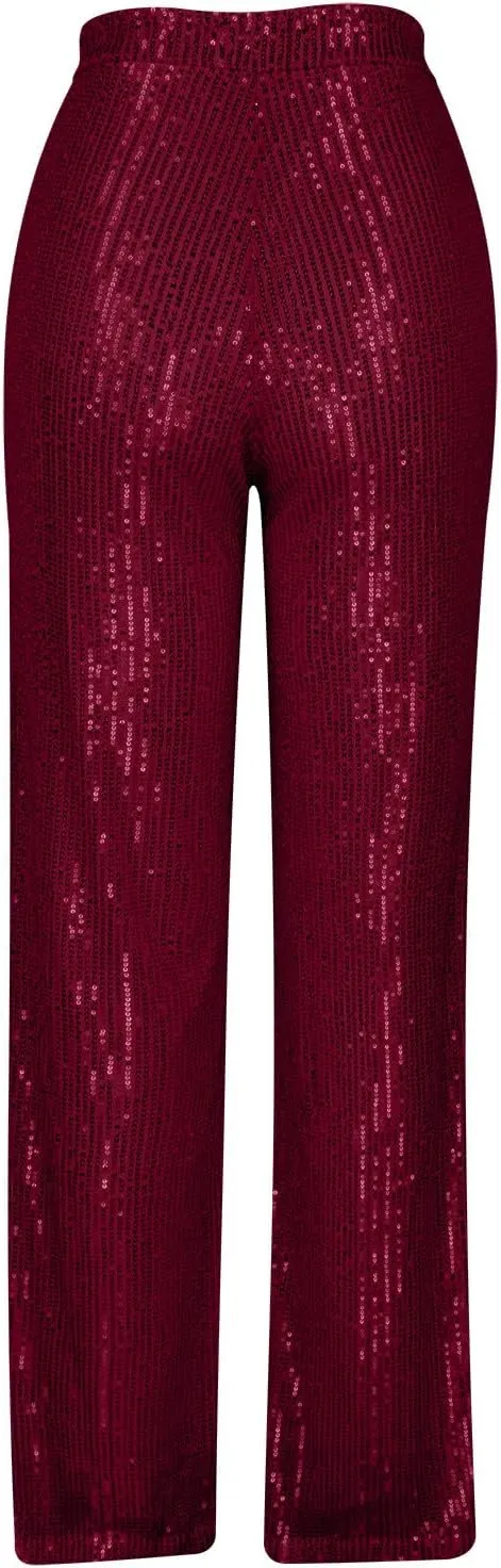 Sequin Pants for Women High Waist Palazzo Pants Long Culottes Glitter Wide Leg Pants Bling Party Clubwear Trousers