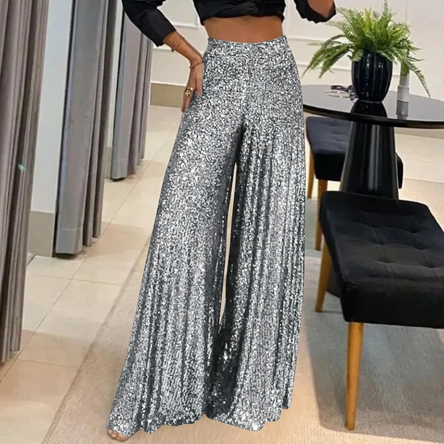 Sequin Pants for Women High Waist Palazzo Pants Long Culottes Glitter Wide Leg Pants Bling Party Clubwear Trousers