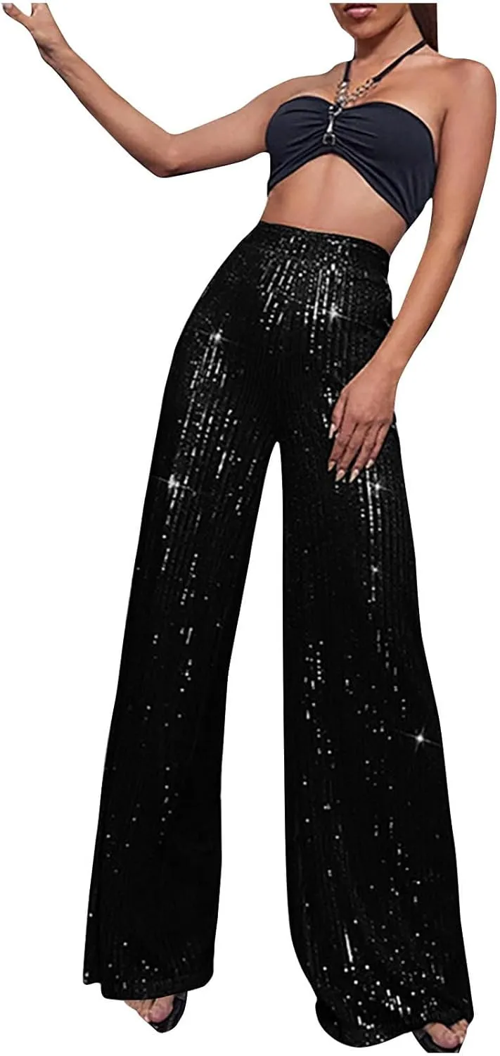 Sequin Pants for Women High Waist Palazzo Pants Long Culottes Glitter Wide Leg Pants Bling Party Clubwear Trousers