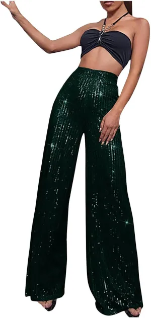 Sequin Pants for Women High Waist Palazzo Pants Long Culottes Glitter Wide Leg Pants Bling Party Clubwear Trousers