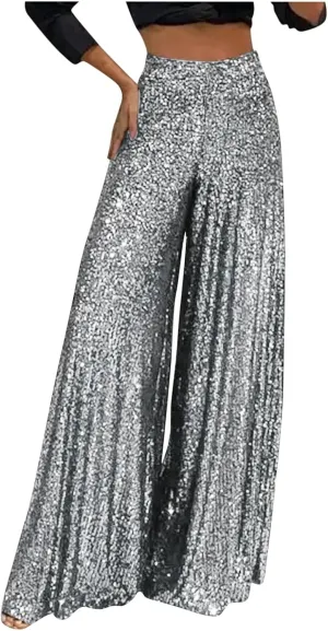 Sequin Pants for Women High Waist Palazzo Pants Long Culottes Glitter Wide Leg Pants Bling Party Clubwear Trousers