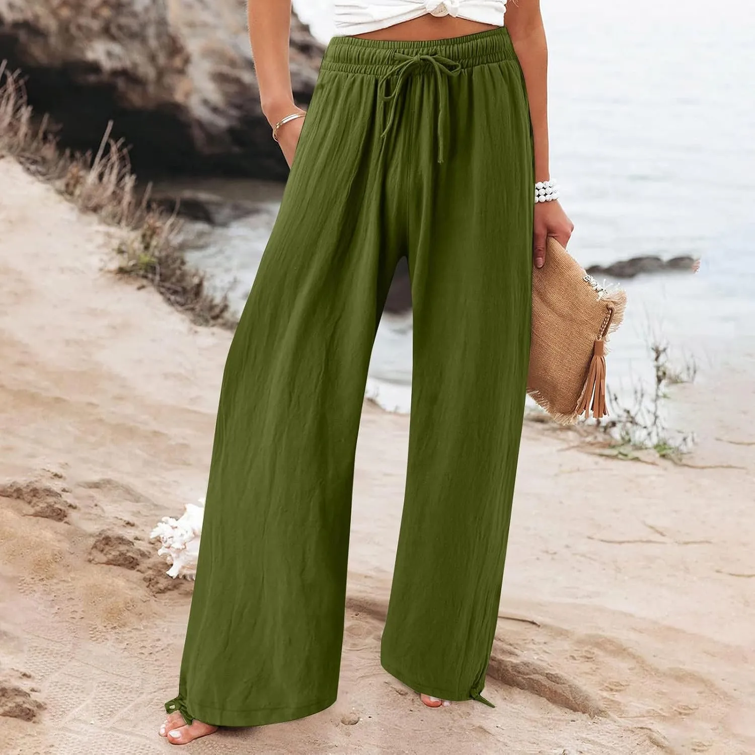 SHAOBGE Summer Pants for Women 2024 Womens Cotton Casual Loose Pants Comfy Work Pants with Elastic Trendy Pants