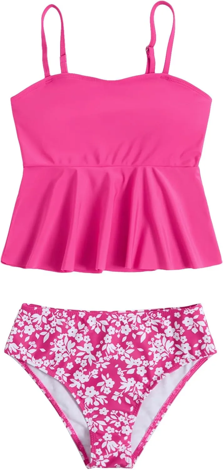 SHENHE Girl's 2 Piece High Waisted Ruffle Waffle Swimsuit Bathing Suit Bikini Sets
