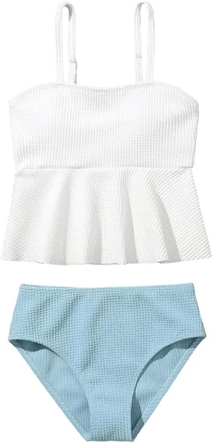 SHENHE Girl's 2 Piece High Waisted Ruffle Waffle Swimsuit Bathing Suit Bikini Sets