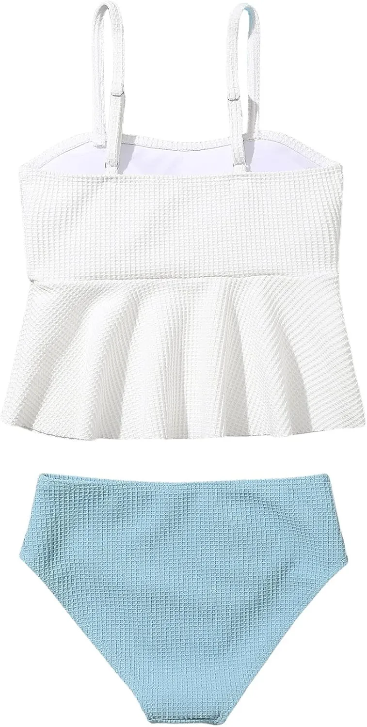 SHENHE Girl's 2 Piece High Waisted Ruffle Waffle Swimsuit Bathing Suit Bikini Sets