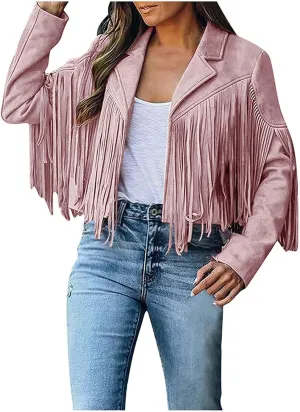 Sinzelimin Women's Fringe Coat Faux Suede Leather Cowboy Cropped Coats Long Sleeves Lapel Packwork Tassels Cardigan Jacket