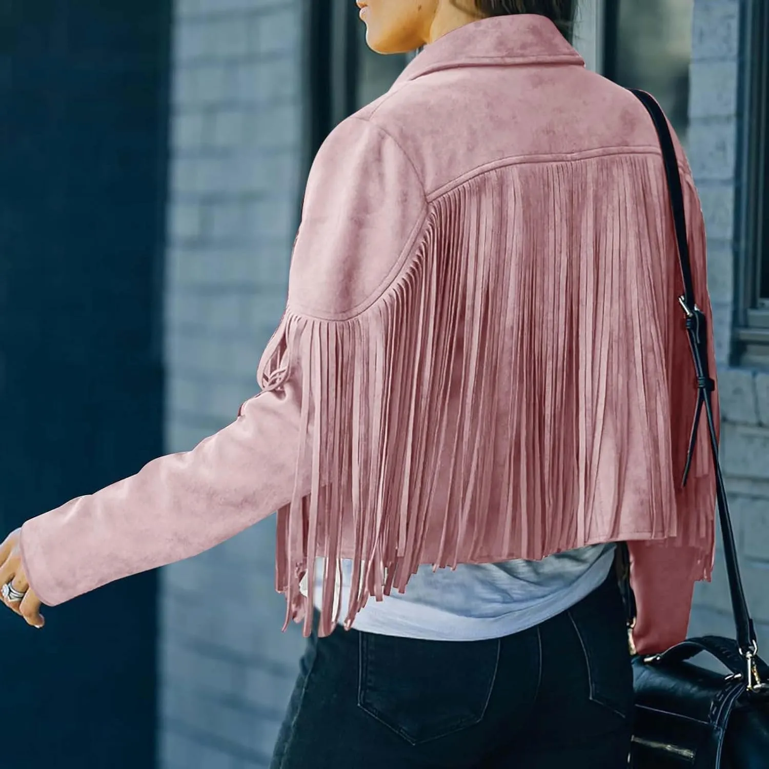Sinzelimin Women's Fringe Coat Faux Suede Leather Cowboy Cropped Coats Long Sleeves Lapel Packwork Tassels Cardigan Jacket