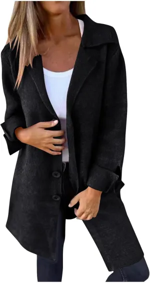 Sinzelimin Women's Woolen Coat Lightweight Mid-length Windbreaker Plus Size Notch Lapel Long Sleeves Trench Coat Windbreaker