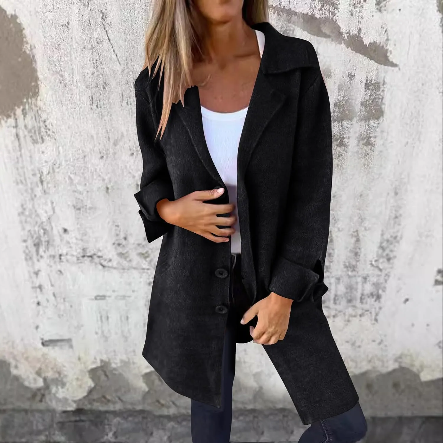 Sinzelimin Women's Woolen Coat Lightweight Mid-length Windbreaker Plus Size Notch Lapel Long Sleeves Trench Coat Windbreaker