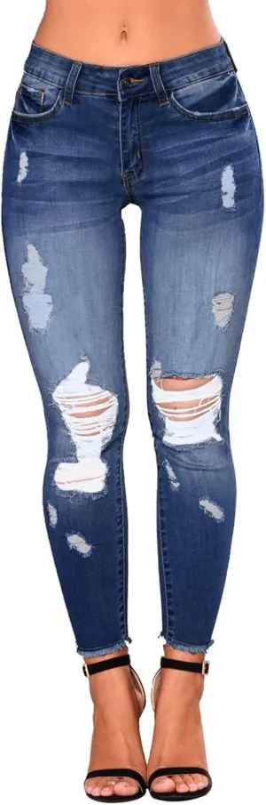 Skinny Jeans for Women Trendy Destroyed Ripped Stretchy High Waisted Jeans Casual Tummy Control Button Denim Pants