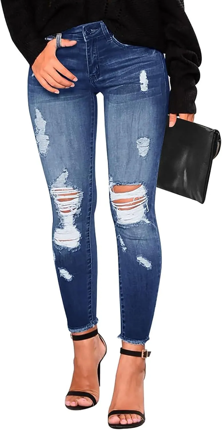 Skinny Jeans for Women Trendy Destroyed Ripped Stretchy High Waisted Jeans Casual Tummy Control Button Denim Pants