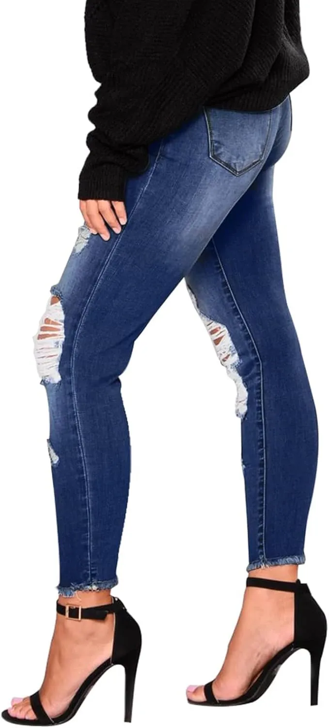 Skinny Jeans for Women Trendy Destroyed Ripped Stretchy High Waisted Jeans Casual Tummy Control Button Denim Pants