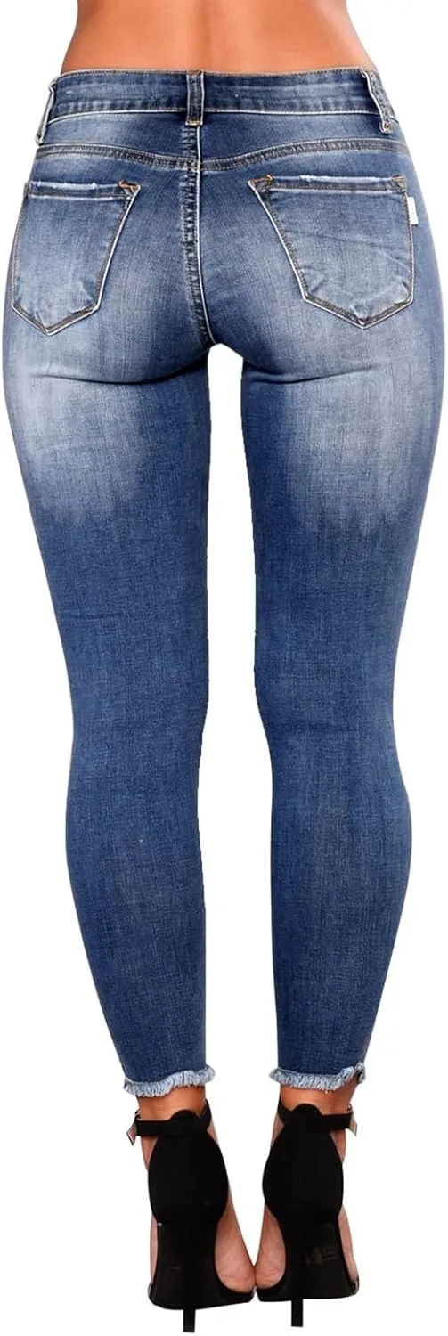 Skinny Jeans for Women Trendy Destroyed Ripped Stretchy High Waisted Jeans Casual Tummy Control Button Denim Pants