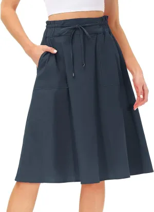 Skirts for Women Trendy Summer Casual Flowy A Line Drawstring Elastic Waist Swing Pleated Short Skirt with Pockets