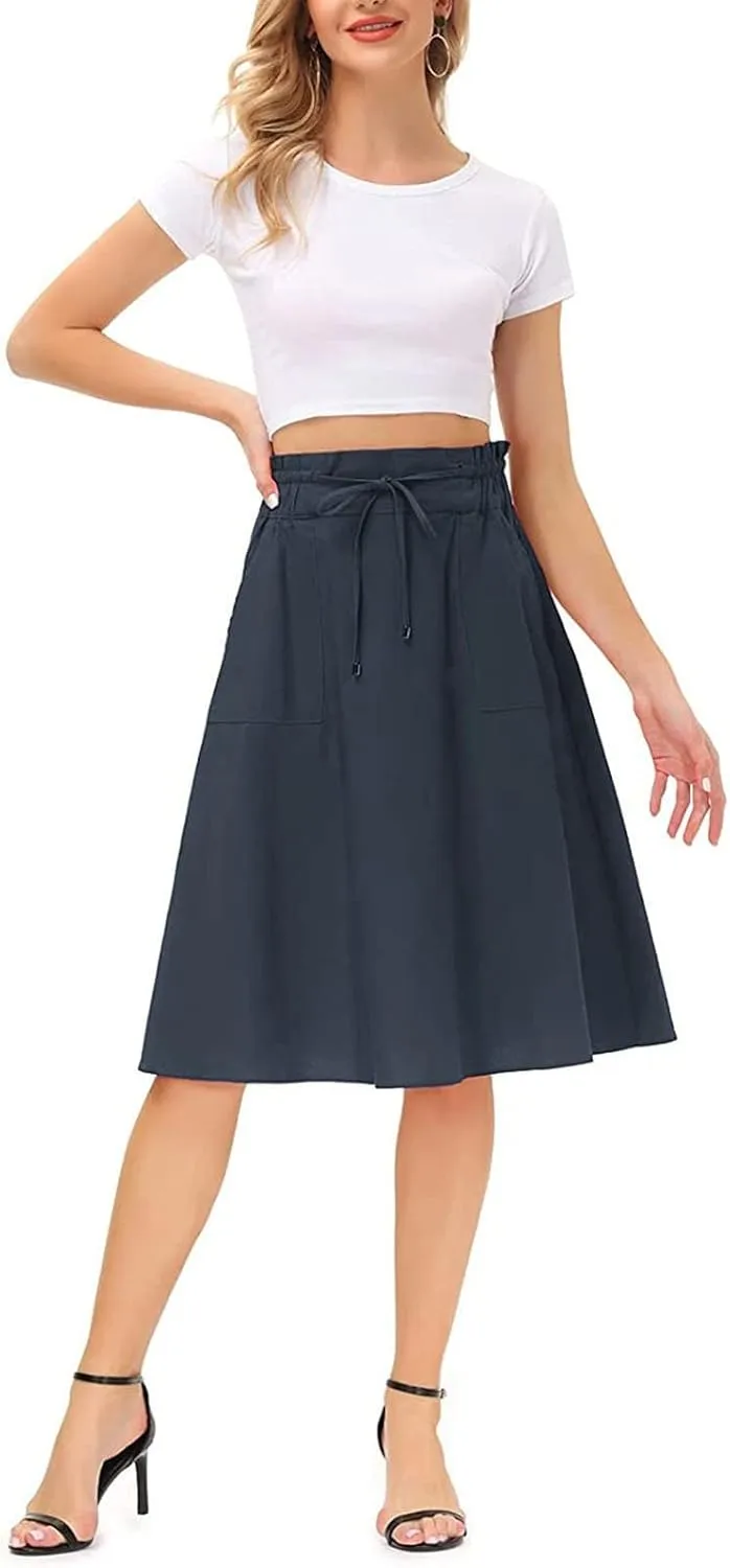 Skirts for Women Trendy Summer Casual Flowy A Line Drawstring Elastic Waist Swing Pleated Short Skirt with Pockets