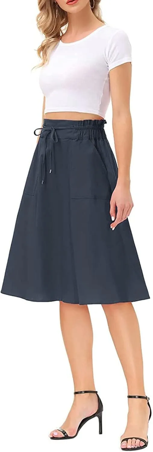 Skirts for Women Trendy Summer Casual Flowy A Line Drawstring Elastic Waist Swing Pleated Short Skirt with Pockets