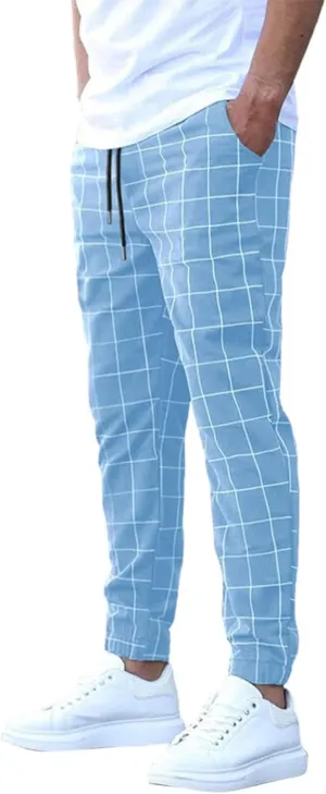 Slim Fit Plaid Chino Pants for Men Flat-Front Stretch Dress Pants Business Pencil Suit Pant Casual Skinny Golf Pant