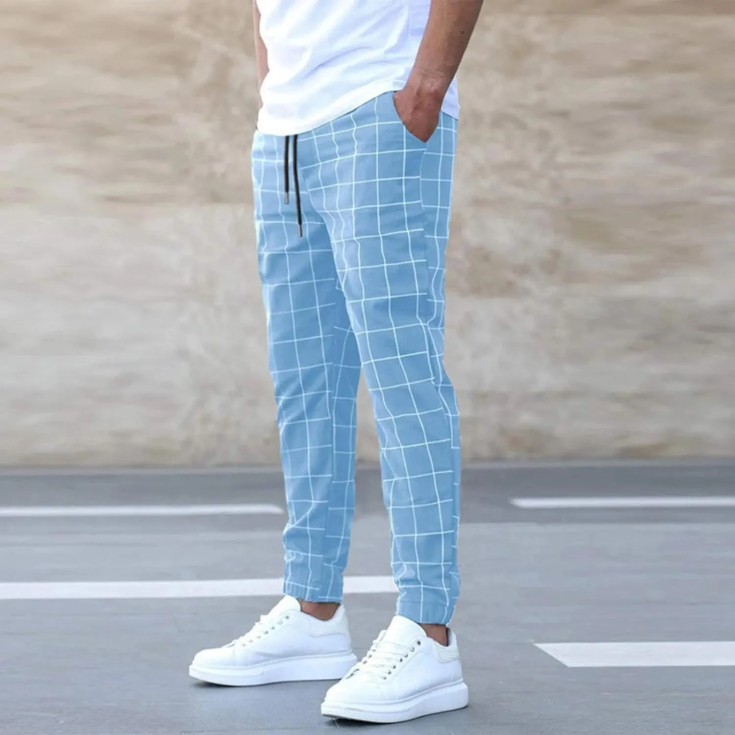 Slim Fit Plaid Chino Pants for Men Flat-Front Stretch Dress Pants Business Pencil Suit Pant Casual Skinny Golf Pant