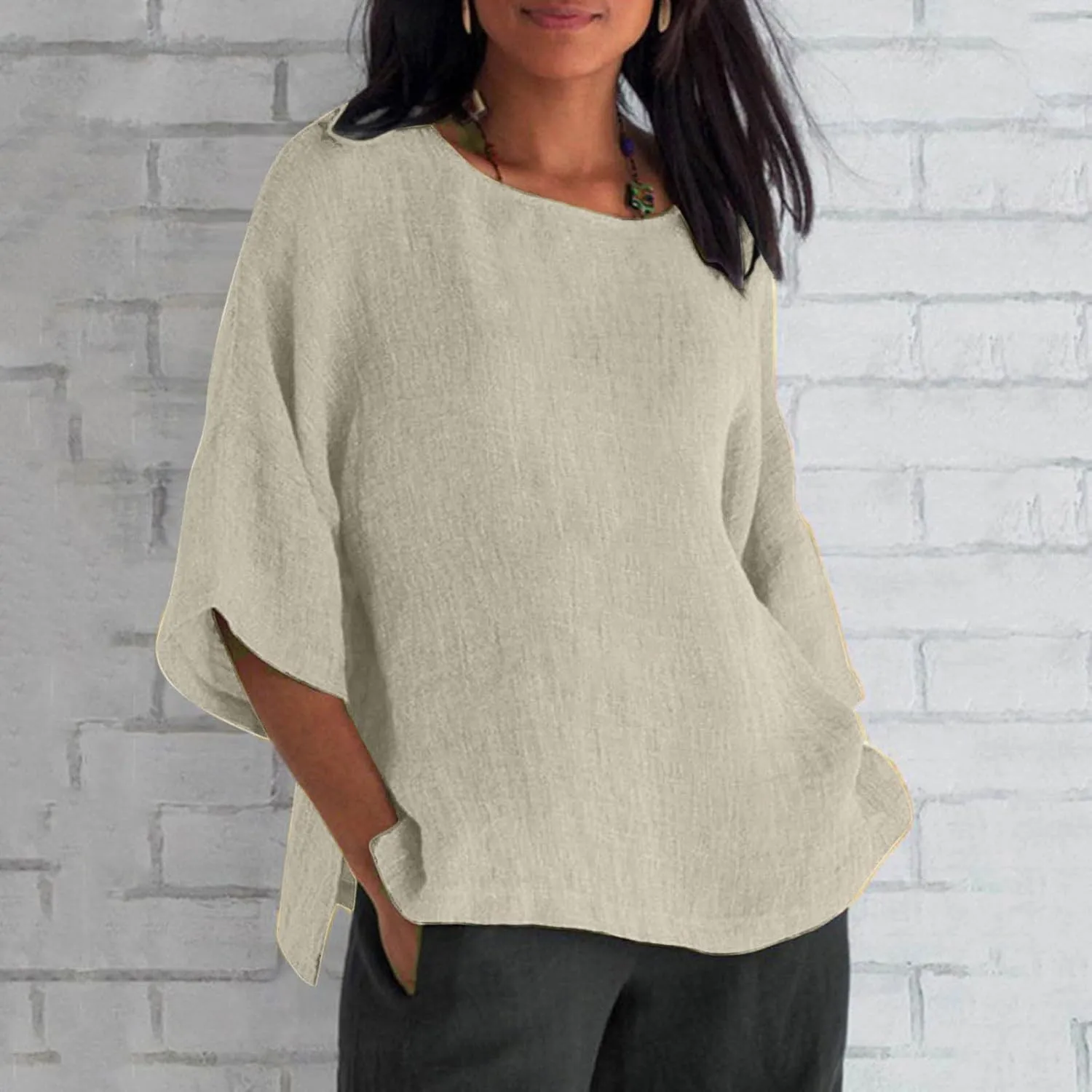 SMIDOW Womens Summer Tops 2023 Plus Size Cotton Linen Shirts Loose Fit 3/4 Sleeve Crewneck Blouses Dressy Casual