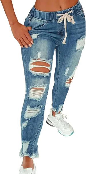 SOMTHRON Women's High Rise Distressed Slim Punk Denim Jeans High Waist Skinny Destroyed Ripped Pencil Jeans Pants
