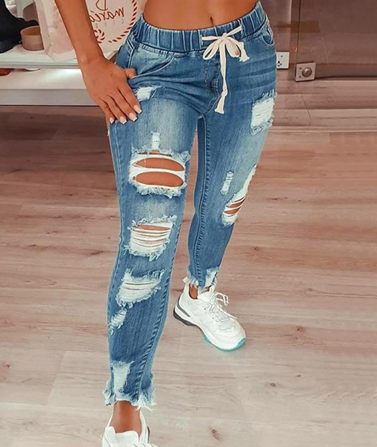 SOMTHRON Women's High Rise Distressed Slim Punk Denim Jeans High Waist Skinny Destroyed Ripped Pencil Jeans Pants