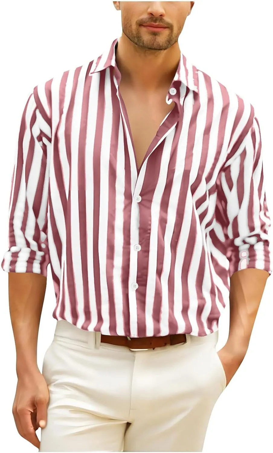 Striped Color Block Shirts for Men Casual Long Sleeve Button Down Shirts Loose Summer Beach Collared Top