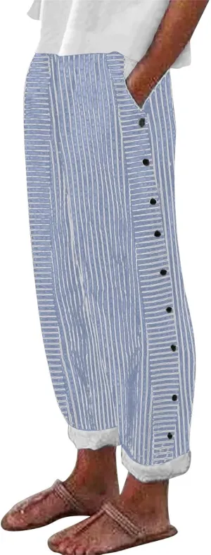 Striped Linen Pants Women Casual Wide Leg Side Button Pants Plus Size Elastic High Waist Loose Trousers with Pocket