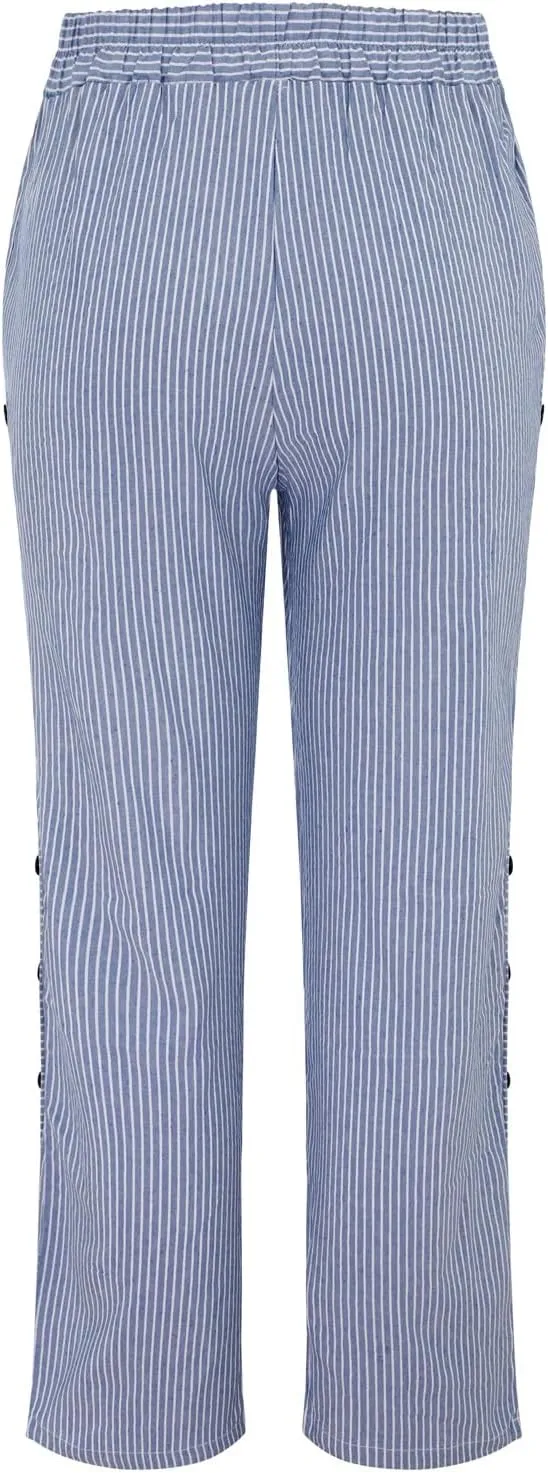 Striped Linen Pants Women Casual Wide Leg Side Button Pants Plus Size Elastic High Waist Loose Trousers with Pocket
