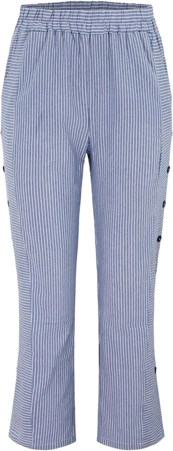 Striped Linen Pants Women Casual Wide Leg Side Button Pants Plus Size Elastic High Waist Loose Trousers with Pocket