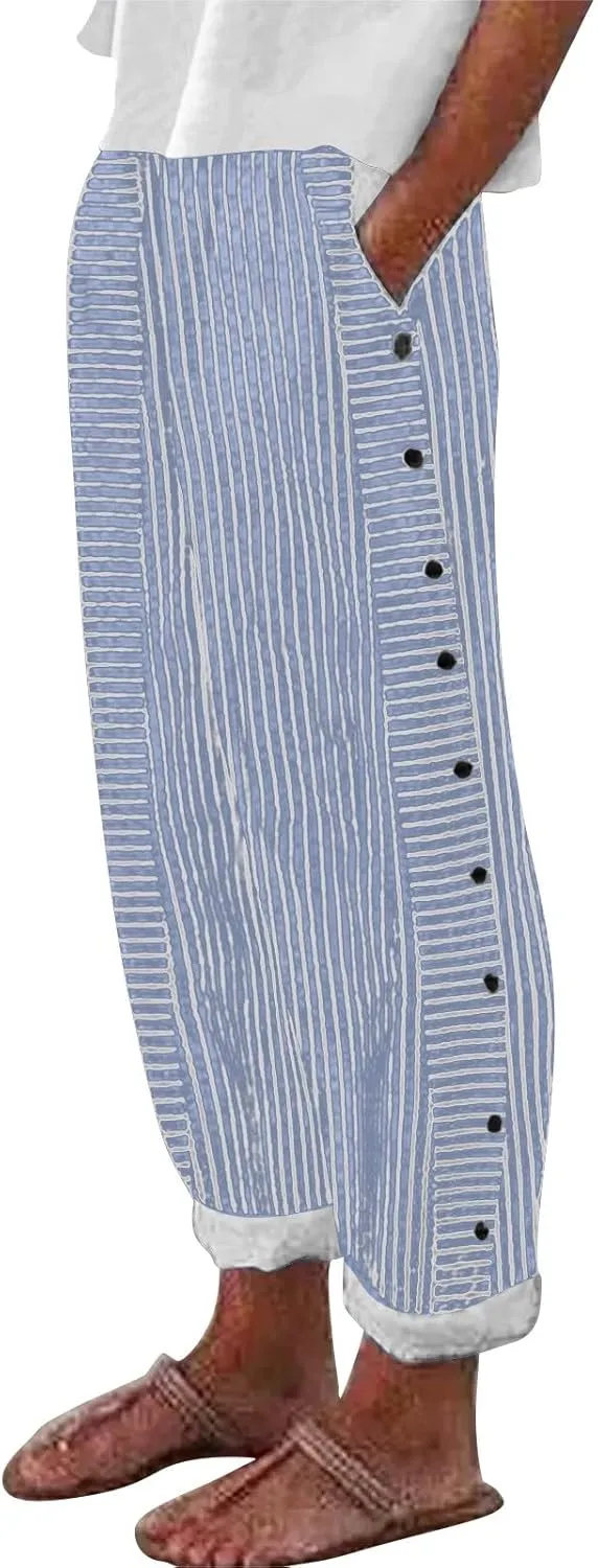 Striped Linen Pants Women Casual Wide Leg Side Button Pants Plus Size Elastic High Waist Loose Trousers with Pocket