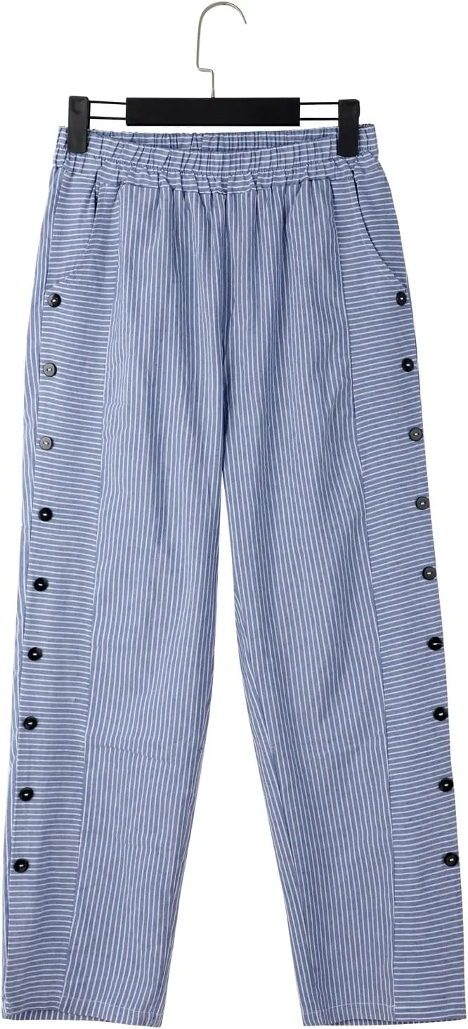 Striped Linen Pants Women Casual Wide Leg Side Button Pants Plus Size Elastic High Waist Loose Trousers with Pocket