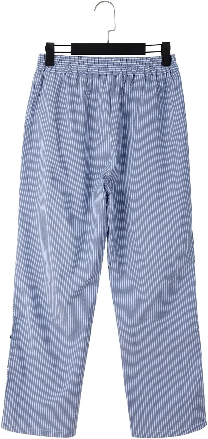 Striped Linen Pants Women Casual Wide Leg Side Button Pants Plus Size Elastic High Waist Loose Trousers with Pocket