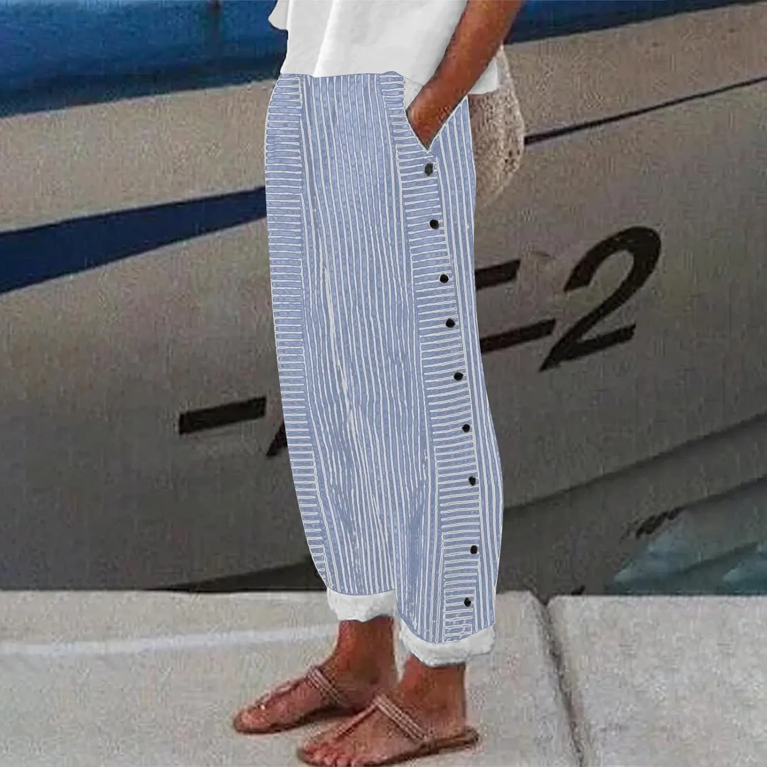Striped Linen Pants Women Casual Wide Leg Side Button Pants Plus Size Elastic High Waist Loose Trousers with Pocket
