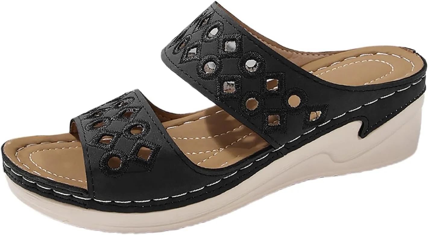 SuanlaTDS Orthopedic Sandals for Women Comfortable Low Heels Platform Slip On Walking Shoes Arch Support Wide Width Open Toe Wedge Slides Dressy Summer Wedges Slide Sandal