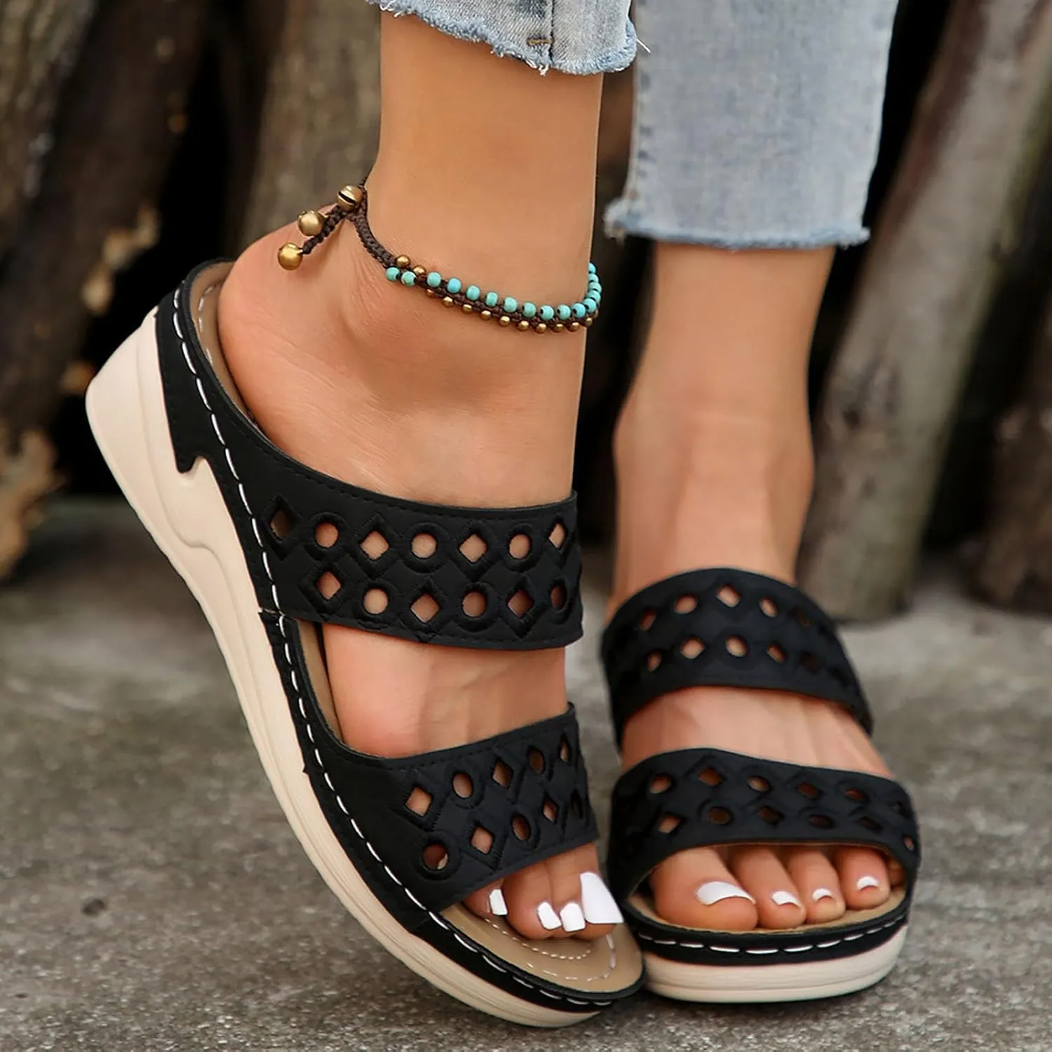 SuanlaTDS Orthopedic Sandals for Women Comfortable Low Heels Platform Slip On Walking Shoes Arch Support Wide Width Open Toe Wedge Slides Dressy Summer Wedges Slide Sandal