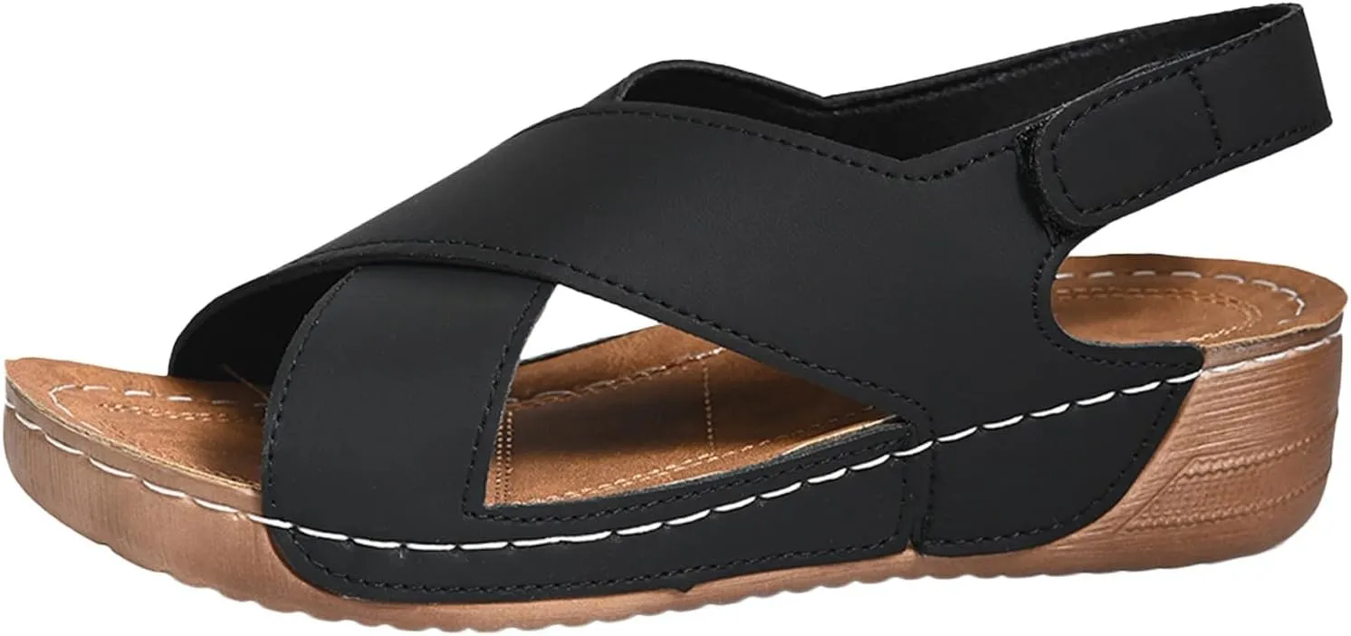 SuanlaTDS Orthopedic Wedge Sandals for Women 2025 Comfortable Arch Support Adjustable Ankle Strap Platform Slingback Summer Beach Shoes Dressy Crisscross Open Toe Low Heels Walking Sandal