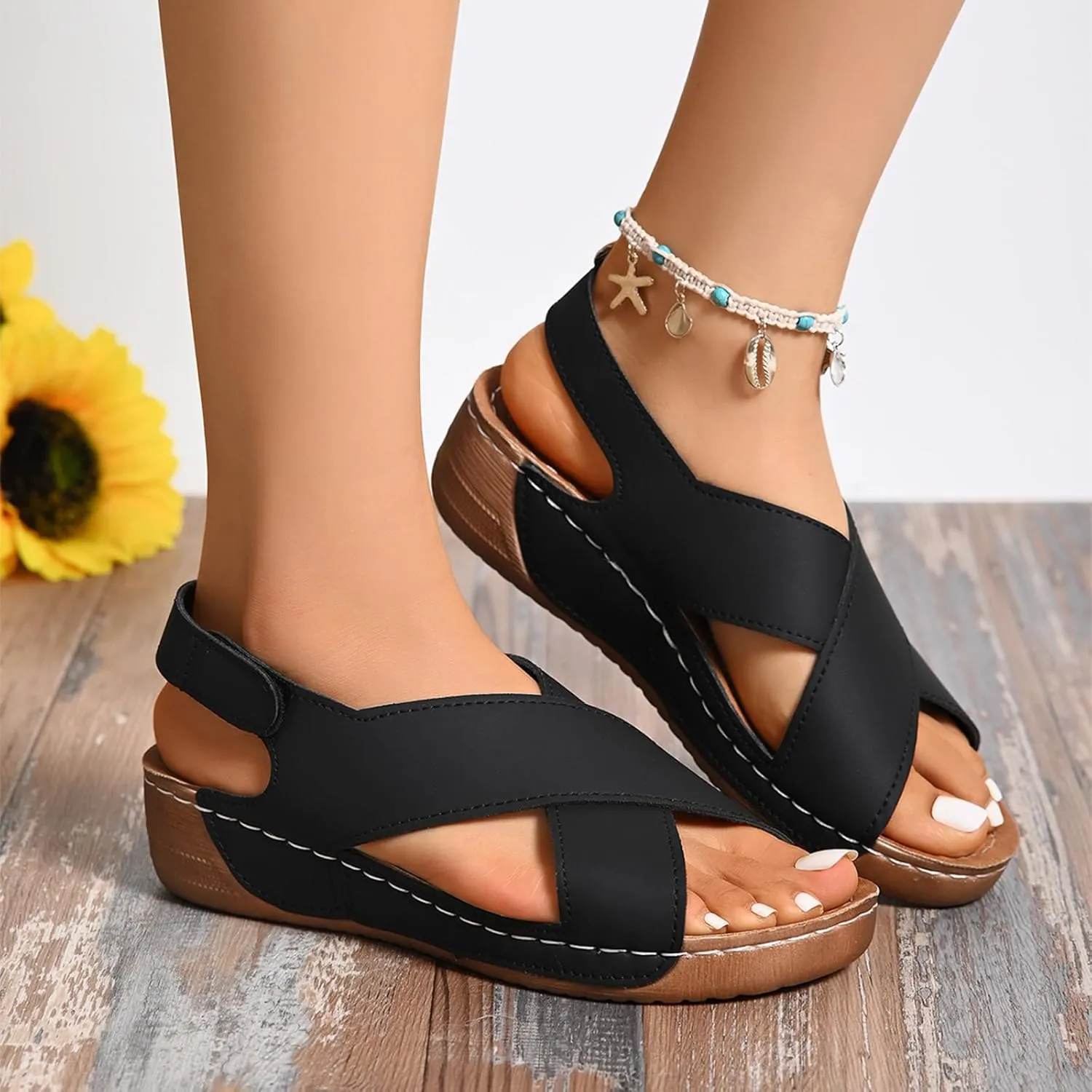 SuanlaTDS Orthopedic Wedge Sandals for Women 2025 Comfortable Arch Support Adjustable Ankle Strap Platform Slingback Summer Beach Shoes Dressy Crisscross Open Toe Low Heels Walking Sandal