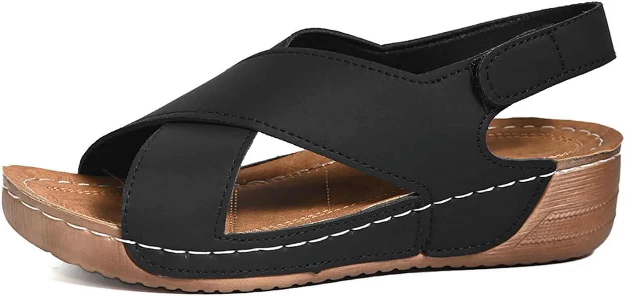 SuanlaTDS Orthopedic Wedge Sandals for Women 2025 Comfortable Arch Support Adjustable Ankle Strap Platform Slingback Summer Beach Shoes Dressy Crisscross Open Toe Low Heels Walking Sandal