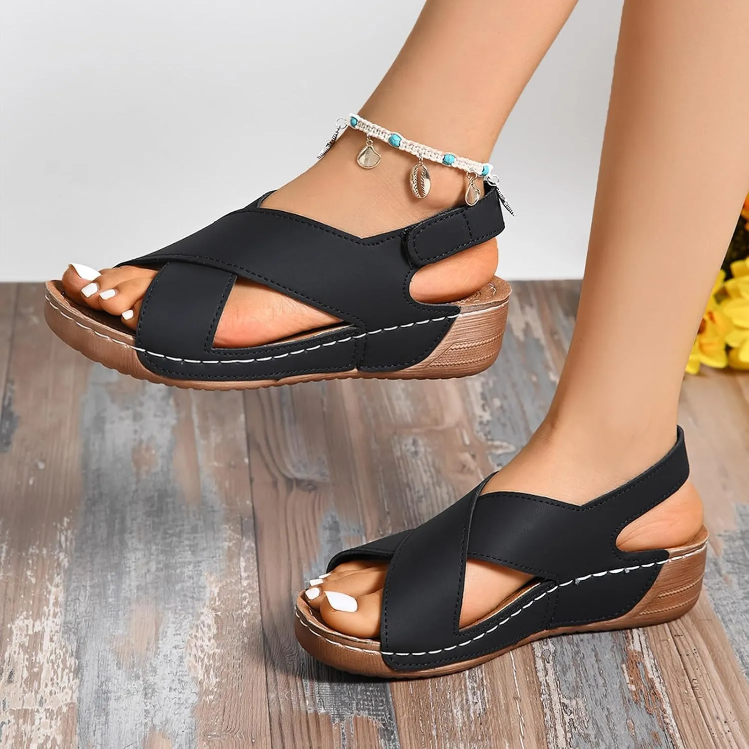 SuanlaTDS Orthopedic Wedge Sandals for Women 2025 Comfortable Arch Support Adjustable Ankle Strap Platform Slingback Summer Beach Shoes Dressy Crisscross Open Toe Low Heels Walking Sandal
