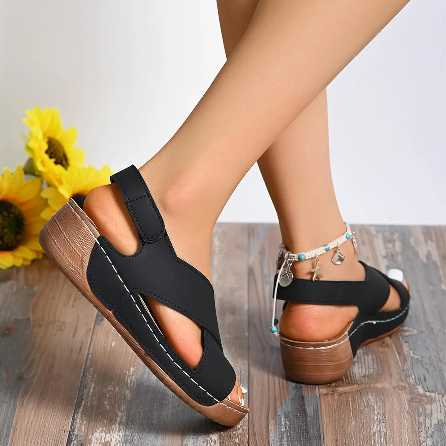 SuanlaTDS Orthopedic Wedge Sandals for Women 2025 Comfortable Arch Support Adjustable Ankle Strap Platform Slingback Summer Beach Shoes Dressy Crisscross Open Toe Low Heels Walking Sandal