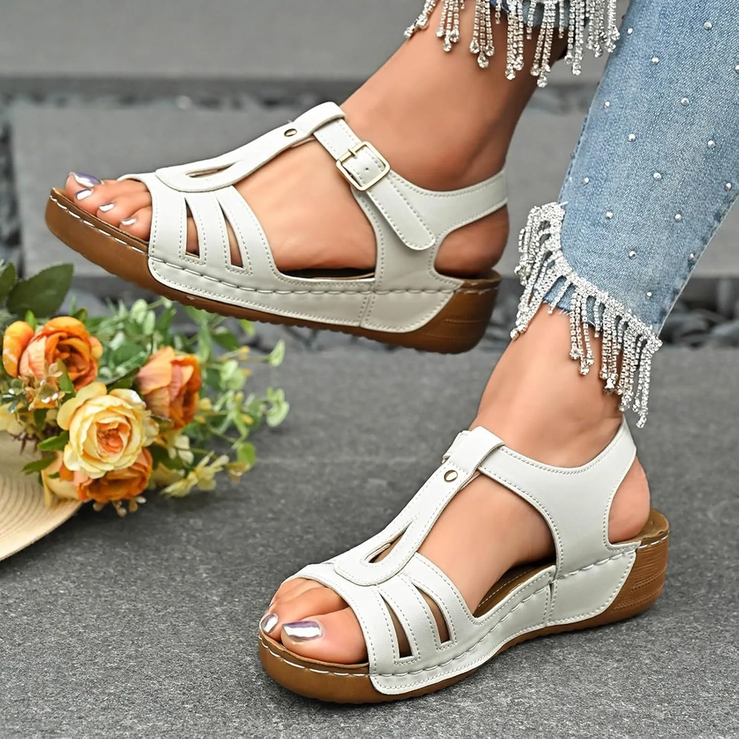 SuanlaTDS Orthopedic Wedge Sandals for Women 2025 Comfortable Arch Support Platform Casual Outdoor Beach Walking Work Shoes Orthotic Cushion Buckle Ankle Strap Low Heel Wedges Sandal