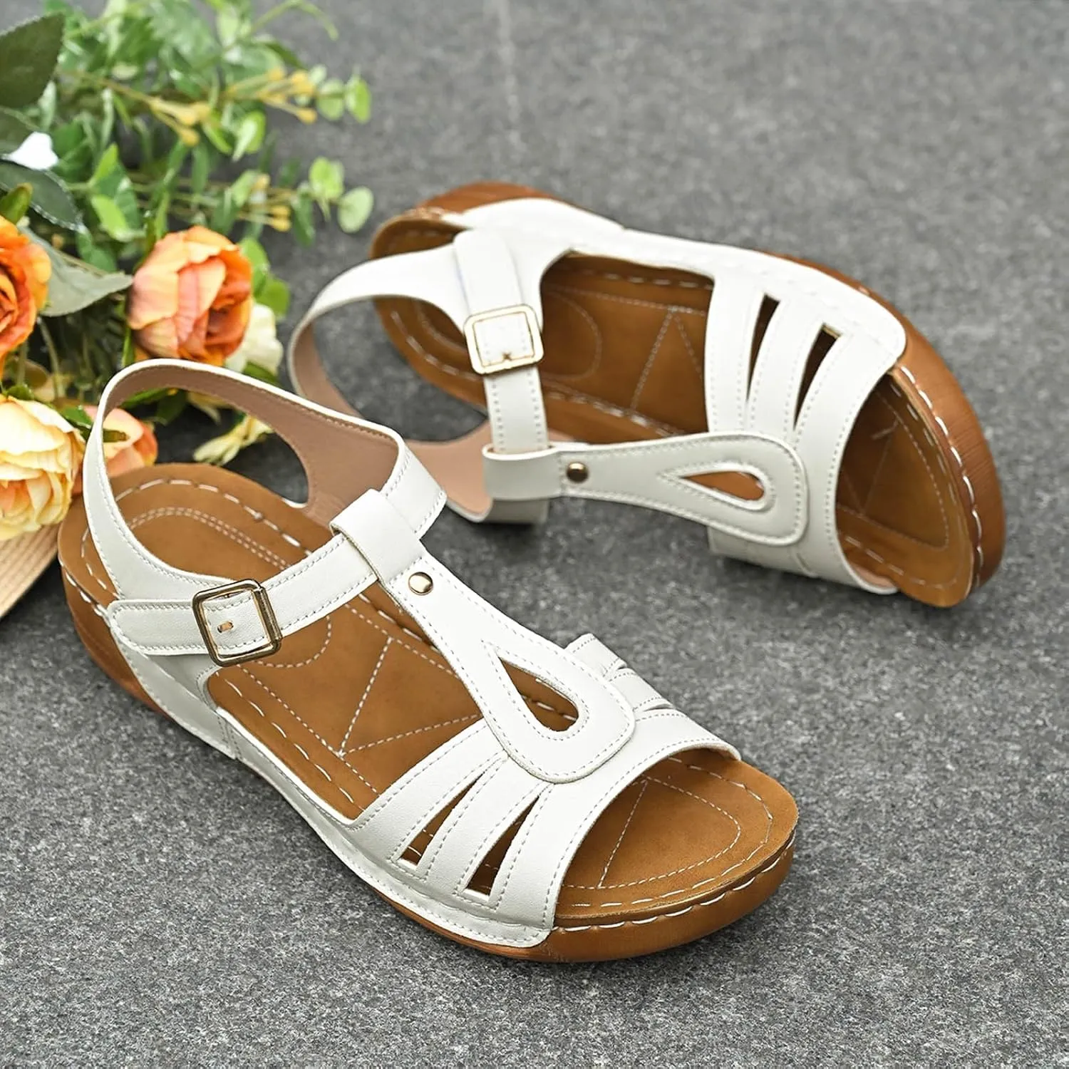 SuanlaTDS Orthopedic Wedge Sandals for Women 2025 Comfortable Arch Support Platform Casual Outdoor Beach Walking Work Shoes Orthotic Cushion Buckle Ankle Strap Low Heel Wedges Sandal