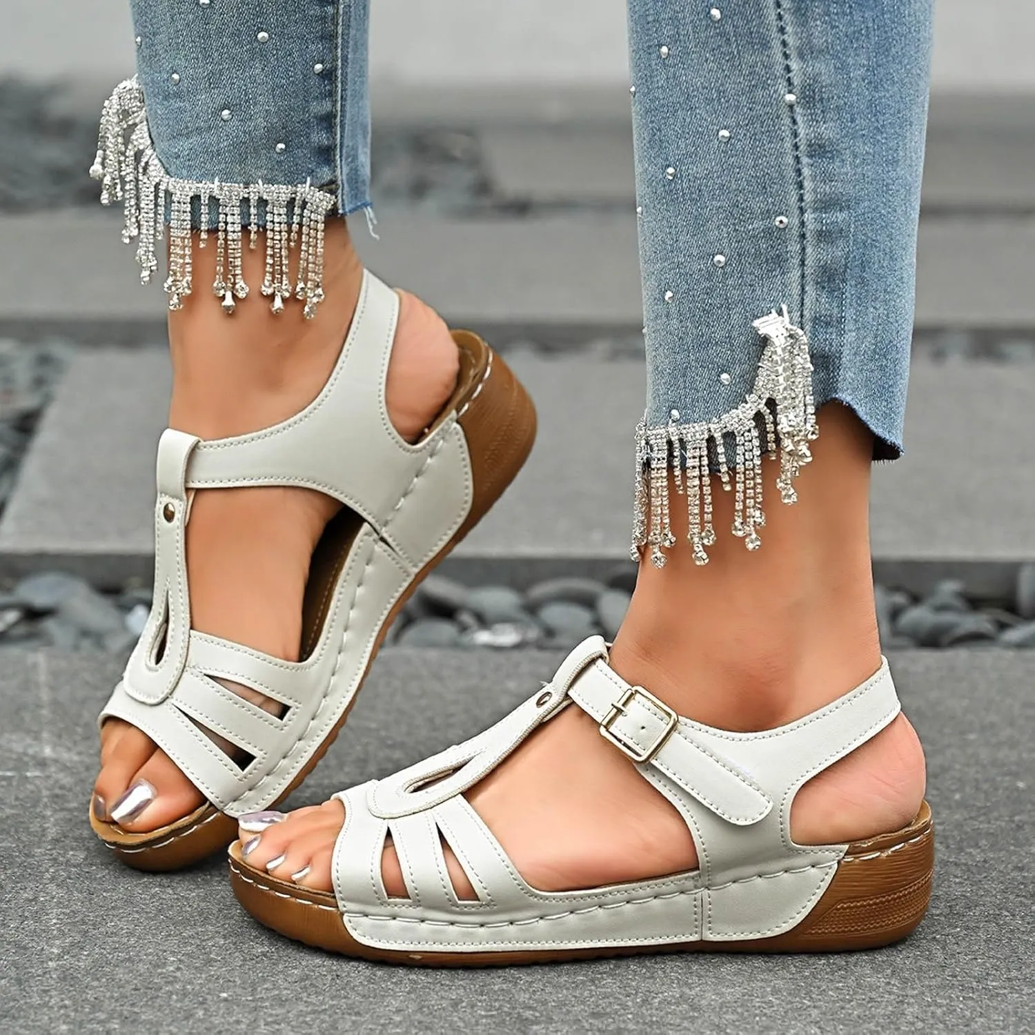 SuanlaTDS Orthopedic Wedge Sandals for Women 2025 Comfortable Arch Support Platform Casual Outdoor Beach Walking Work Shoes Orthotic Cushion Buckle Ankle Strap Low Heel Wedges Sandal