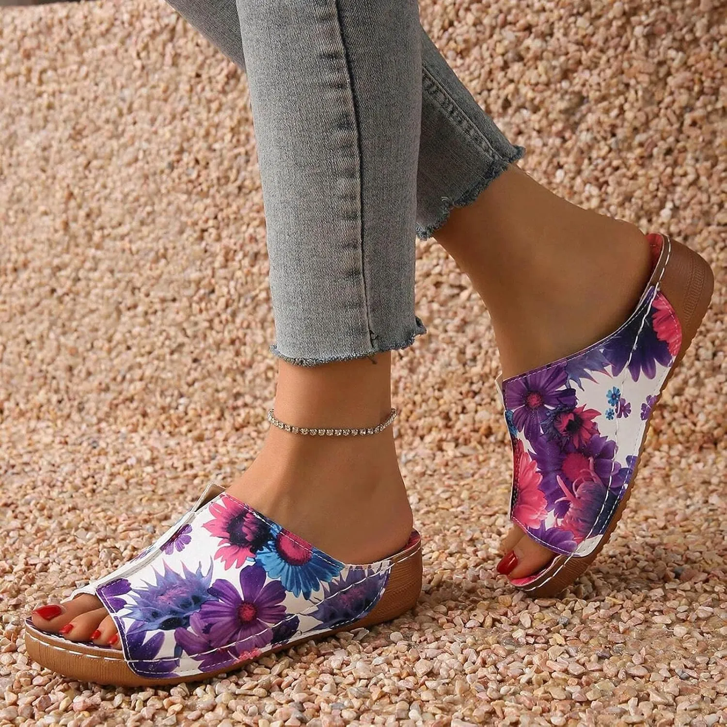 SuanlaTDS Orthopedic Wedge Sandals for Women 2025 Comfortable Low Heels Open Toe Platform Arch Support Dressy Summer Casual Boho Slip On Slides Sandal Beach Outdoor Vacation Dress Shoes