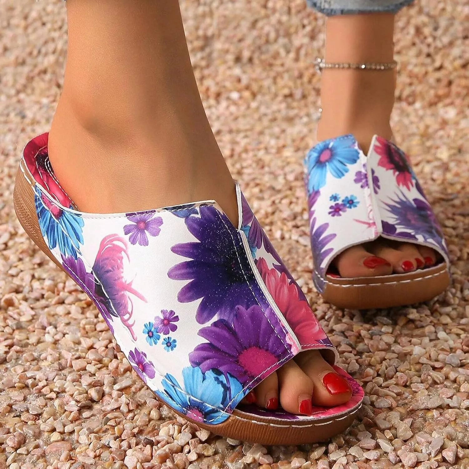 SuanlaTDS Orthopedic Wedge Sandals for Women 2025 Comfortable Low Heels Open Toe Platform Arch Support Dressy Summer Casual Boho Slip On Slides Sandal Beach Outdoor Vacation Dress Shoes