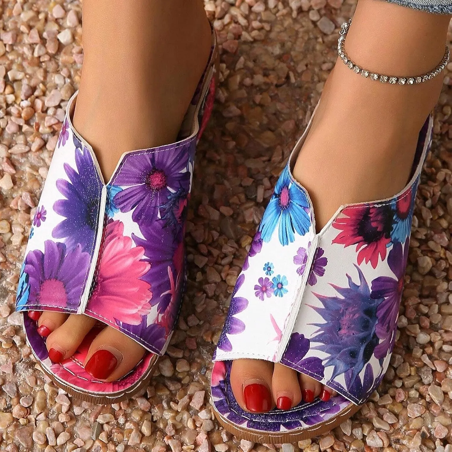 SuanlaTDS Orthopedic Wedge Sandals for Women 2025 Comfortable Low Heels Open Toe Platform Arch Support Dressy Summer Casual Boho Slip On Slides Sandal Beach Outdoor Vacation Dress Shoes