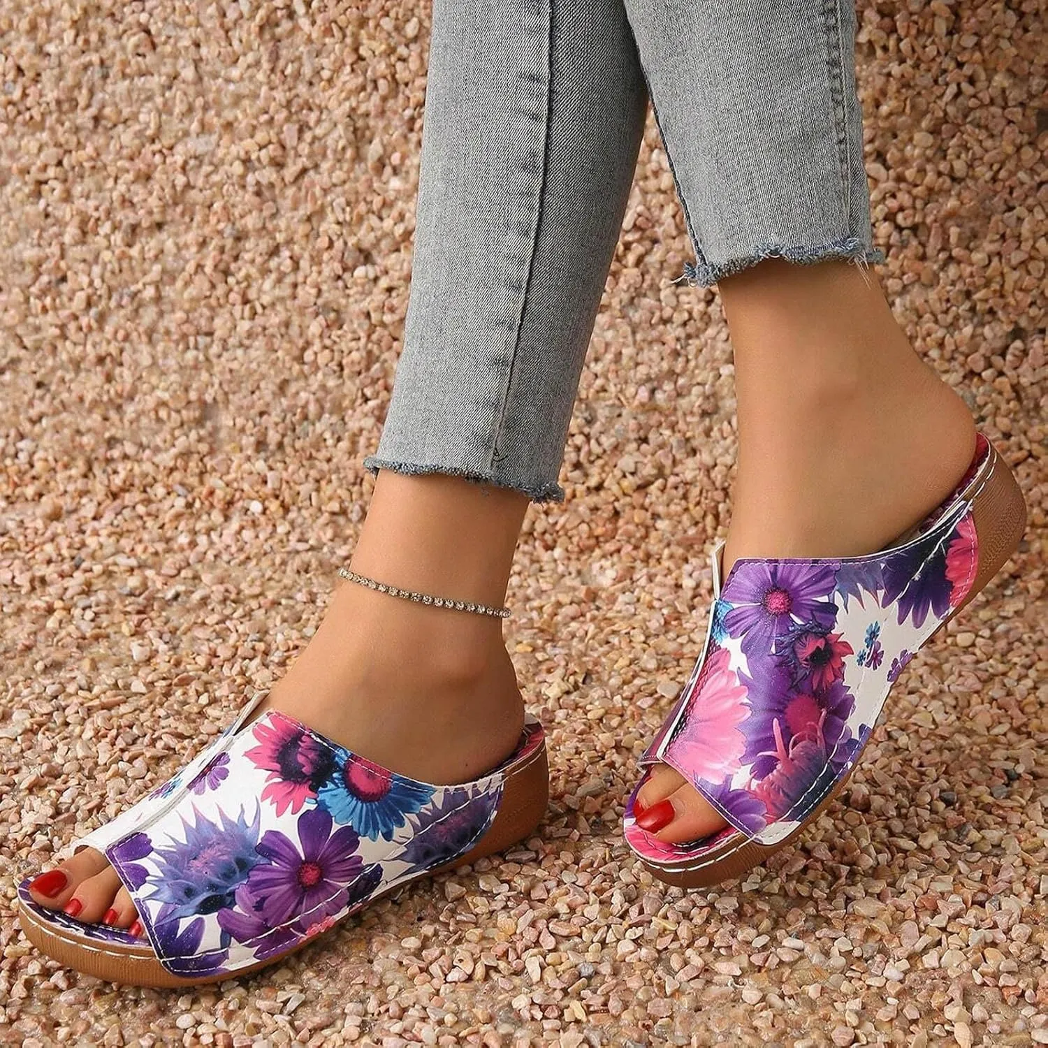 SuanlaTDS Orthopedic Wedge Sandals for Women 2025 Comfortable Low Heels Open Toe Platform Arch Support Dressy Summer Casual Boho Slip On Slides Sandal Beach Outdoor Vacation Dress Shoes