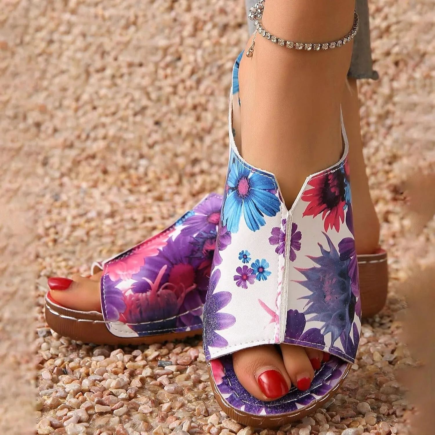 SuanlaTDS Orthopedic Wedge Sandals for Women 2025 Comfortable Low Heels Open Toe Platform Arch Support Dressy Summer Casual Boho Slip On Slides Sandal Beach Outdoor Vacation Dress Shoes
