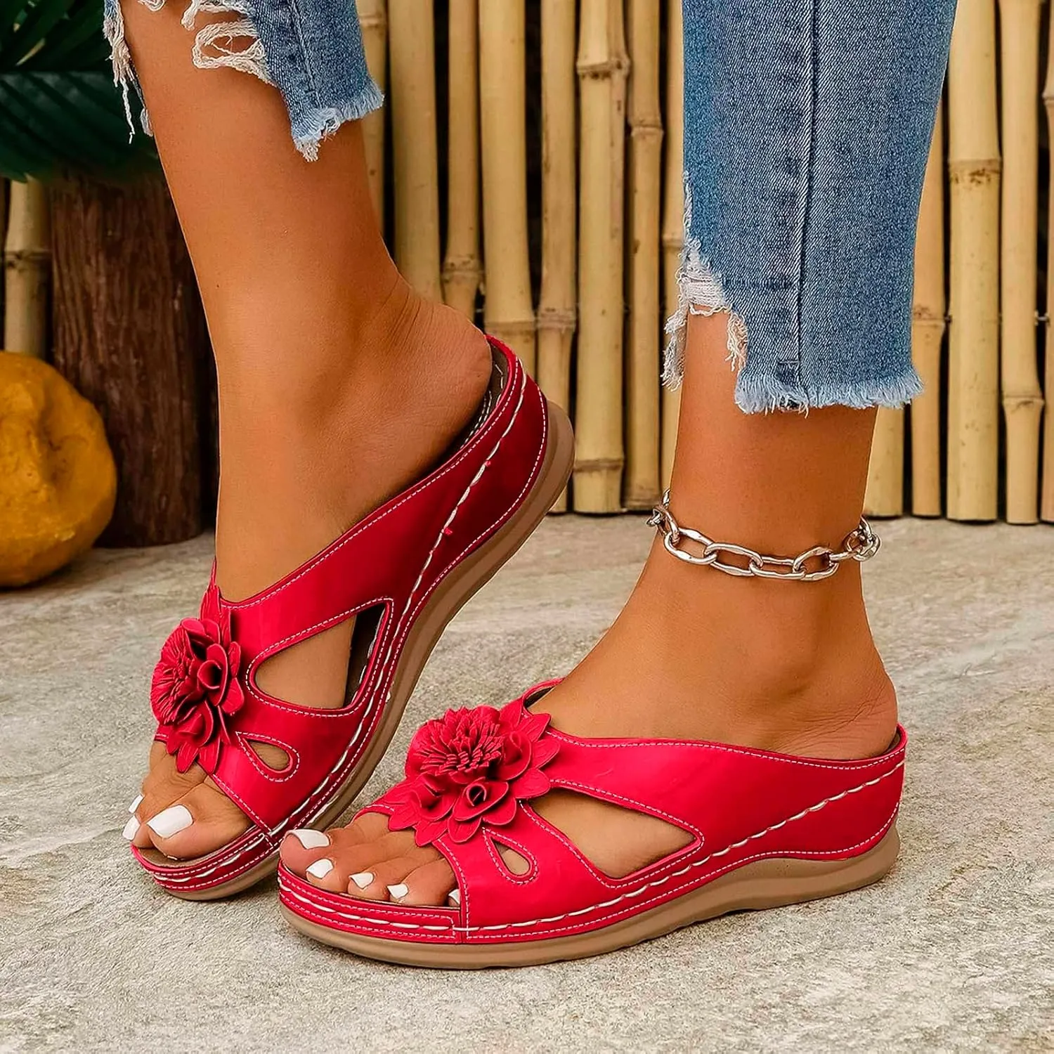 SuanlaTDS Orthopedic Wedge Sandals for Women 2025 Dressy Summer Comfortable Platform Flower Open Toe Arch Support Casual Beach Slingback Outdoor Shoes Slip-on Low Heel Wedges Slides Sandal
