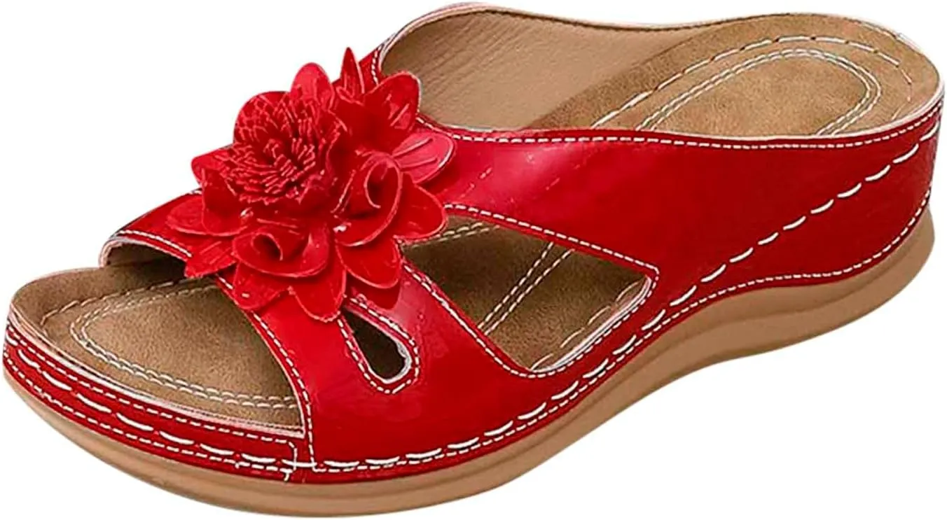 SuanlaTDS Orthopedic Wedge Sandals for Women 2025 Dressy Summer Comfortable Platform Flower Open Toe Arch Support Casual Beach Slingback Outdoor Shoes Slip-on Low Heel Wedges Slides Sandal